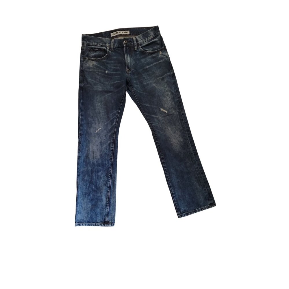 Express Jeans Mens Rocco Slim Fit Straight Leg 29x30 Distressed Denim Blue